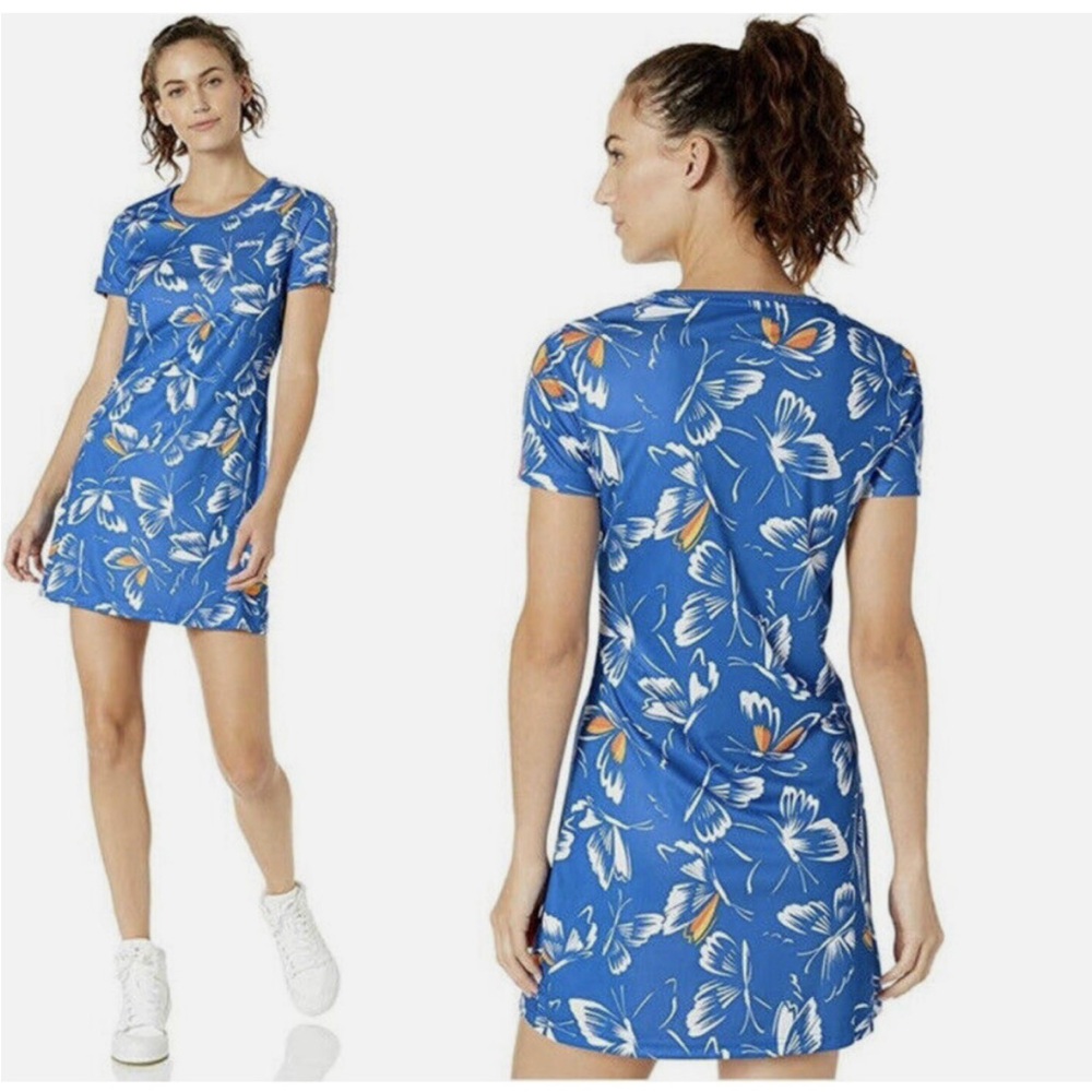 Adidas x Farm Rio Blue Butterfly 3 Stripe Sporty T Shirt Mini Dress Size Medium